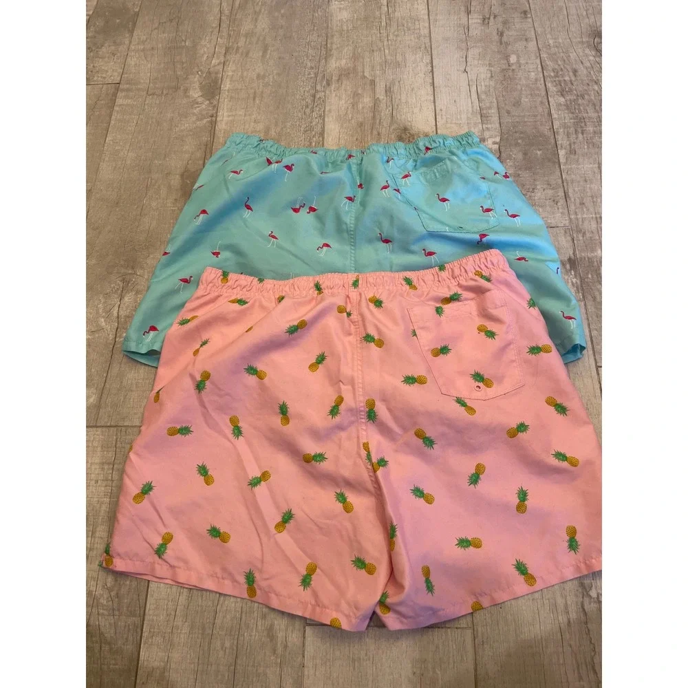 Old Navy‎ Mens Swim Trunks Lot of 2 XL Pink Pineapple Blue Flamingo Board Shorts